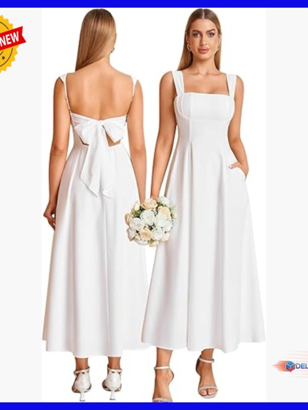 Floral Corset Midi Dress with Pockets, Bow Tie, Square Neck, Summer Formal